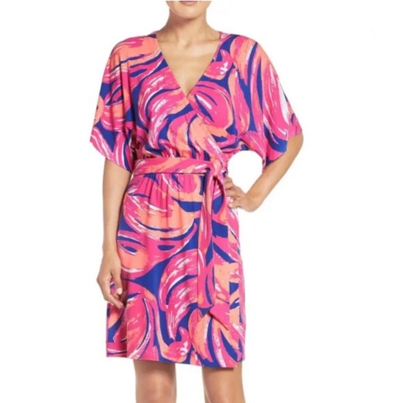 Lilly Pulitzer Dresses & Skirts - Lilly Pulitzer Pink, Coral & Blue Abstract Print Wrap Dress